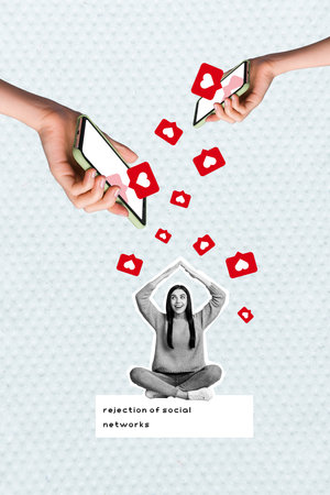 Collage creative photo retro pinup poster picture artwork of funky girl sitting under big phone avoiding social media obsessionの写真素材