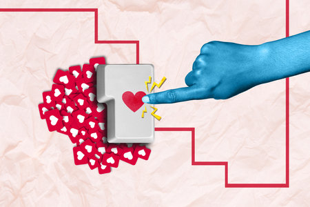 Creative collage image pinup picture artwork of human woman man arm touch heart shape dream many likes isolated on painted backgroundの写真素材
