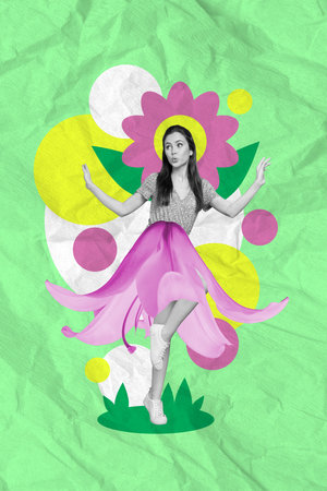 Vertical collage portrait of mini peaceful black white effect girl dancing painted spring flowers isolated on creative backgroundの写真素材