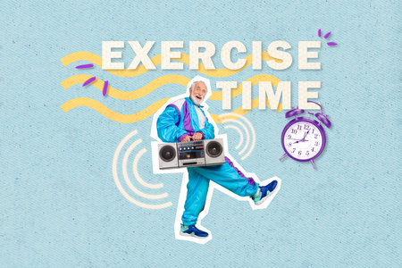 Collage 3d pinup pop retro sketch image of funny old guy coach trainer listening boom box isolated painting backgroundの写真素材