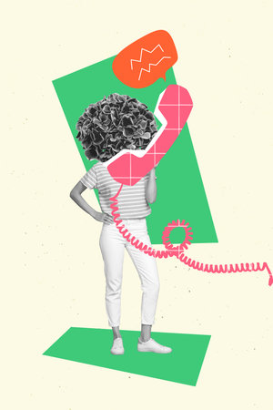 Creative 3d photo artwork graphics collage painting of lady flower instead head talking vintage phone isolated drawing backgroundの写真素材