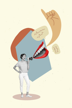 Artwork magazine collage picture of funny lady shouting toa arm genius pointing isolated drawing backgroundの写真素材