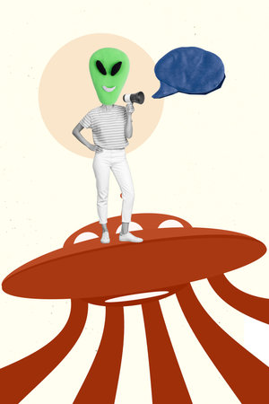 Collage artwork graphics picture of funny alien flying saucer making announcement emtpy space...