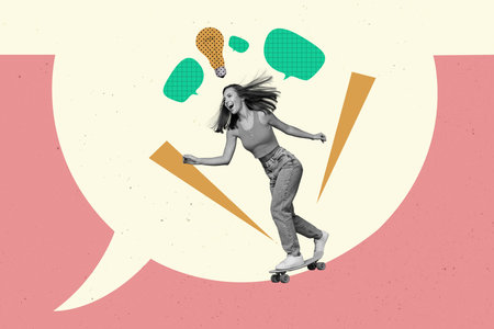 Photo collage artwork minimal picture of excited funky lady rising board having great idea isolated drawing backgroundの写真素材