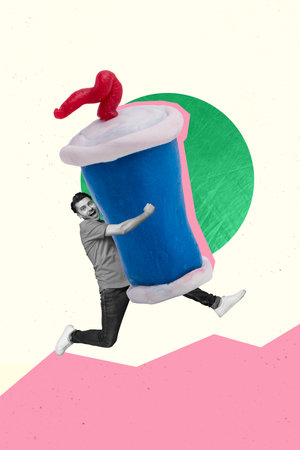 Photo cartoon comics sketch collage picture of funny funky guy rising huge soda clay plasticine cup...