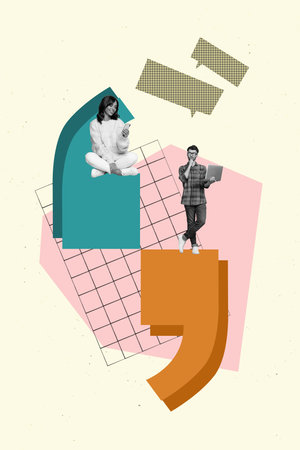 Creative retro 3d magazine collage image of happy smiling couple chatting modern devices isolated painting backgroundの写真素材