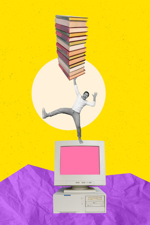 Creative template graphics collage image of funny guy holding book pile walking vintage computer...