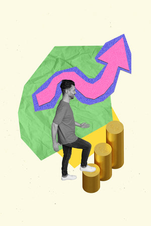 Photo cartoon comics sketch collage picture of confident purposeful guy earning money isolated drawing backgroundの写真素材