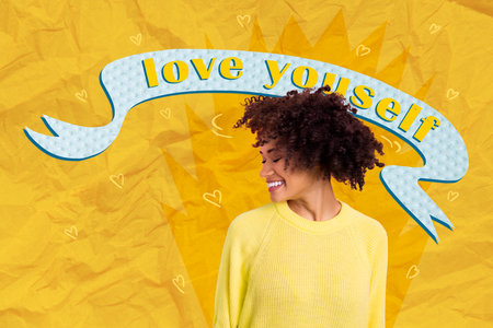 Collage 3d photo billboard artwork picture image poster of lovely dreamy girlfriend love herself isolated on yellow drawing backgroundの写真素材