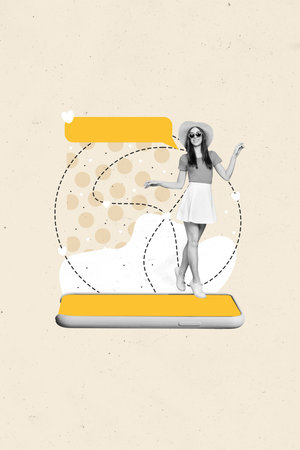 Collage 3d pinup pop retro sketch image of smiling lady chattingの写真素材