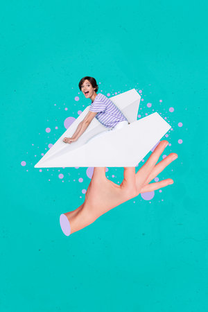 Photo collage artwork minimal picture of smiling funny lady flying paper plane isolated drawing backgroundの写真素材