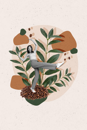 3d retro abstract creative artwork template collage of carefree funny lady growing coffee beans isolated painting backgroundの写真素材