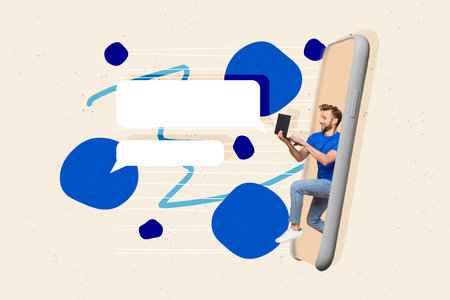 Creative collage image of mini excited guy use netbook run inside big smart phone display dialogue...
