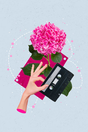 Vertical collage picture of arm fingers hold retro audio tape recorder cassette big fresh flower isolated on drawing backgroundの写真素材