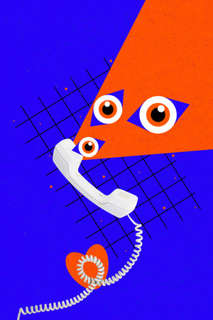 Creative abstract template graphics collage image of eyes flying vintage phone handset isolated...
