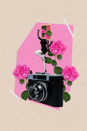 Vertical collage image of mini black white effect girl photo frame instead head dancing huge camera fresh flowersの写真素材