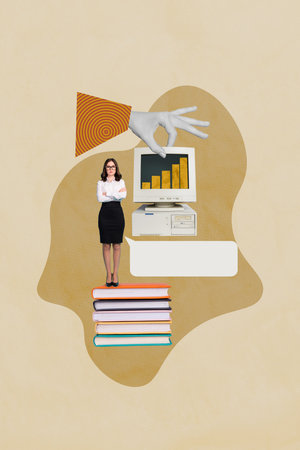 Vertical collage image of mini girl stand big pile stack book empty space dialogue bubble hand fingers hold pc displayの写真素材