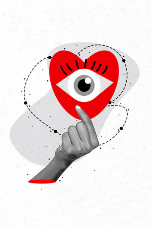 Vertical collage portrait of black white gamma arm fingers hold red paper watching eyeball inside isolated on painted backgroundの写真素材