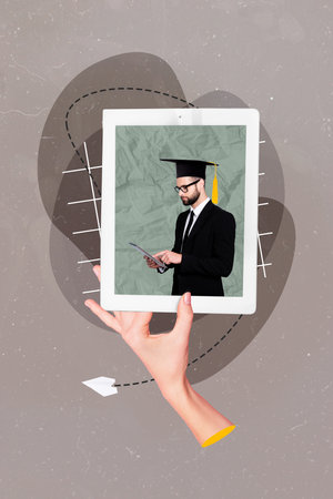 Vertical artwork collage of arm fingers hold tablet display elegant guy mortarboard hat send message isolated on painted backgroundの写真素材