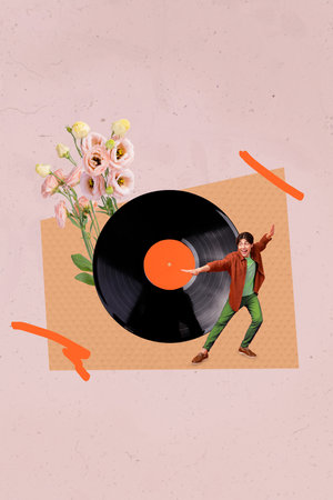 Vertical collage picture of excited mini guy have fun dancing big vinyl record fresh rose flowers isolated on drawing backgroundの写真素材