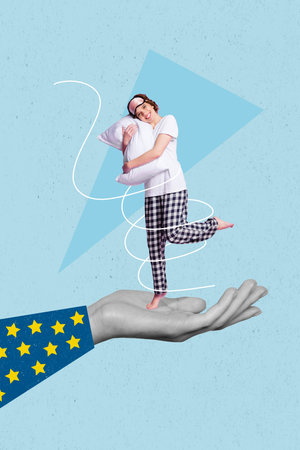 Charming cute girl hugging her pillow have healthy sleep enjoy morning have best good mood stand on big hand arm pictureの写真素材