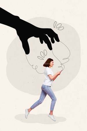 Creative collage of young funny running lady hold smartphone chatting shaming shadow fingers control her social media isolated on beige backgroundの写真素材