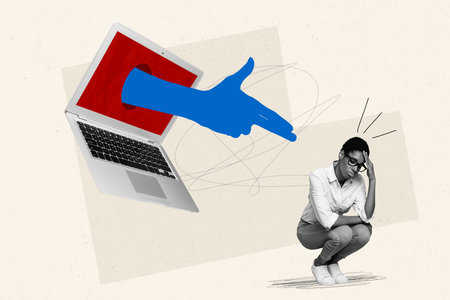 Composite 3d minimal collage template of young depressed cause cyberbullying girl fingers gun symbol shaming computer isolated on beige backgroundの写真素材