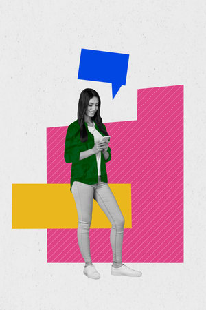 Creative banner poster collage of happy blogger young lady speaking on virtual social network using...