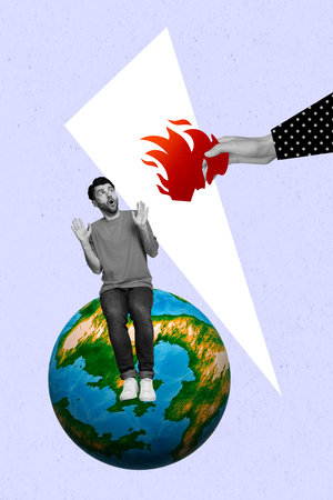 Creative picture magazine collage of scared young guy sit earth planet afraid heat fire flame ecological global warmingの写真素材