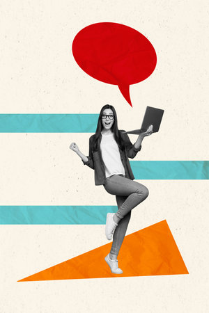 Vertical photo collage young businesswoman agent read online website laptop income email successful...