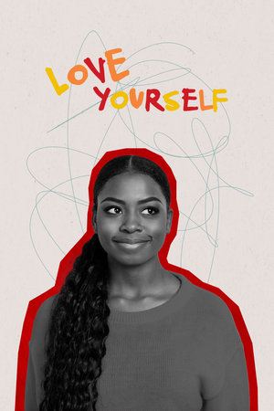 Vertical collage minimal banner of young dreamy cute charming lady love yourself psychology concept personality respect isolated on beige backgroundの写真素材