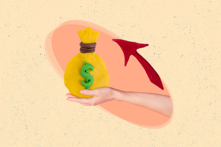 Minimal photo collage art designed picture of hand holding plasticine money bag savings income investment finance isolated on beige backgroundの写真素材