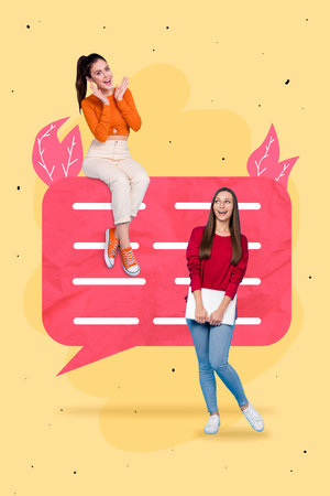 Vertical collage picture of two positive mini girls communicate big dialogue bubble isolated on creative backgroundの写真素材