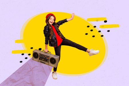 Photo collage of young little schoolgirl dj overjoyed listen music have fun audio stereo boombox retro cassette player isolated on pink backgroundの写真素材