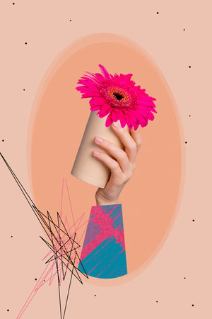 Vertical collage picture of arm hold paper coffee cup fresh flower inside isolated on creative backgroundの写真素材