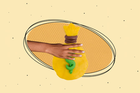 Composite collage picture of arm hold money dollar sack bag isolated on painted creative backgroundの写真素材