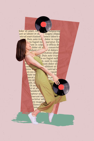 Vertical collage picture of cheerful carefree mini girl dancing hands hold vinyl records book page text isolated on painted backgroundの写真素材