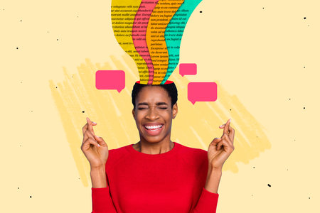 Creative photo 3d collage of afro american funny positive woman hold fingers folded send wish to universe isolated drawing backgroundの写真素材