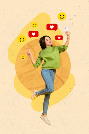 Vertical collage picture of teen girl jump hold smart phone make selfie fingers show v-sign receive like smile emoji notificationの写真素材