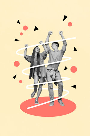 Creative trend collage of dancing youngsters boyfriend girlfriend have fun dancing stylish energetic weird freak bizarre unusualの写真素材