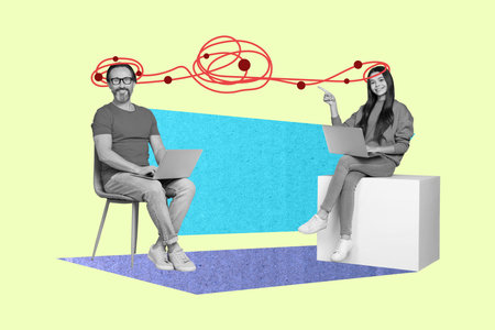 Composite collage photo of two people partners coworkers sitting comfort remote job networking internet generate ideas isolated on green backgroundの写真素材