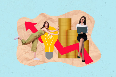 Creative photo collage illustration of two cheerful girls think ideas for business to get more profit isolated painting backgroundの写真素材