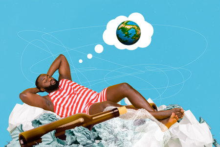 Young man sleeping among world ocean trash dream of clean ecology save planet anti garbage conceptual collage photoの写真素材