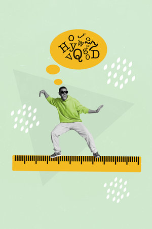 Vertical composite creative collage photo of youngster crazy cool guy sliding meter ruler minded...
