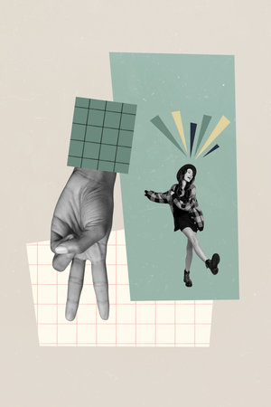 Creative photo artwork collage of youngster careless funky girl dancing with imaginative two fingers personage isolated on gray color backgroundの写真素材