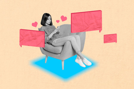 Composite collage artwork of young user girl online texting smartphone sit armchair love story application messenger isolated on beige backgroundの写真素材