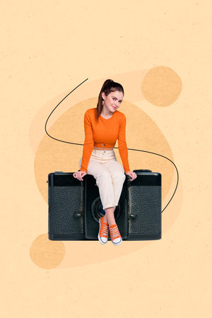 Vertical 3d poster collage picture of lovely happy youngster girl sitting big camera make photo isolated on painting backgroundの写真素材