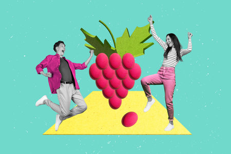 Creative retro 3d magazine collage image of carefree funny lady guy rising fist enjoying grape taste isolated painting backgroundの写真素材