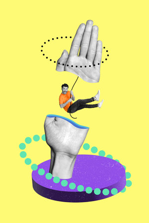 Artwork magazine collage picture of funny funky guy hanging rope inside arms halves isolated drawing backgroundの写真素材