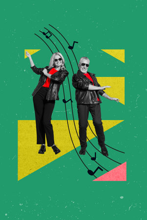 Photo collage artwork minimal picture of funny smiling couple dancing having fun isolated drawing backgroundの写真素材